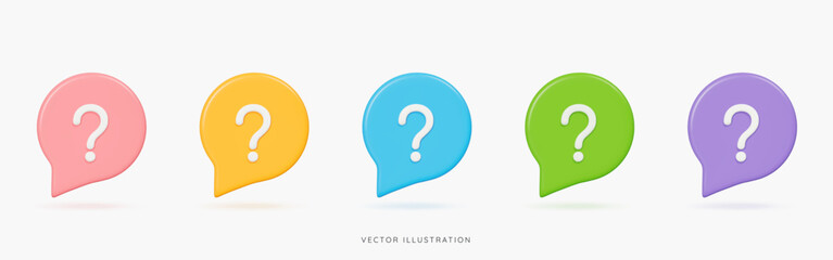 3D Question mark in speech bubble icon set. FAQ and support concept. Message box with question and answer sign. Cartoon design icons isolated on white background. 3D Vector illustration