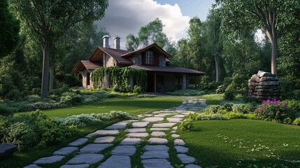 Obraz premium 3D rendering of a house in a forest with a stone path and green lawn, a garden landscape design with trees, a front view, country home architecture