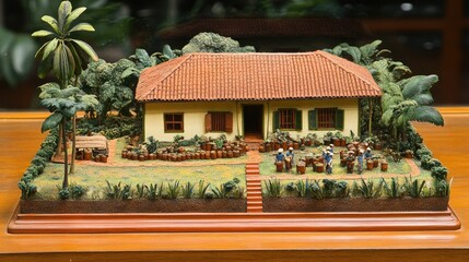 Obraz premium Colonial House Model, Farm Workers, Tropical Garden, Diorama, Historical Display