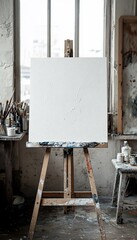 Blank canvas on easel in artist's studio.  Creative background