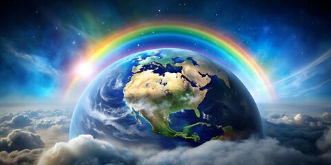 Naklejka premium Colorful arc of a rainbow stretches across a vibrant planet Earth, surrounded by fluffy clouds in the vast cosmos