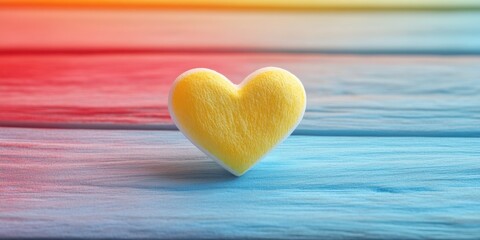 Fototapeta premium A vibrant yellow heart rests on a serene blue table, framed by a colorful rainbow backdrop, radiating love and joy for Valentine's Day.