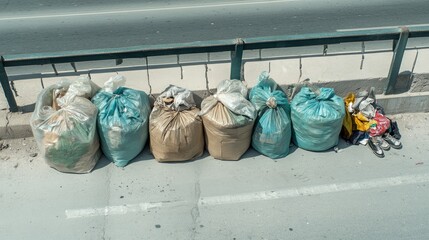 City bridge trash bags roadside cleanup.  Environmental pollution image