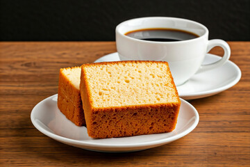 Two slices of golden-brown castella cake on a white plate, accompanied by a cup of black coffee.