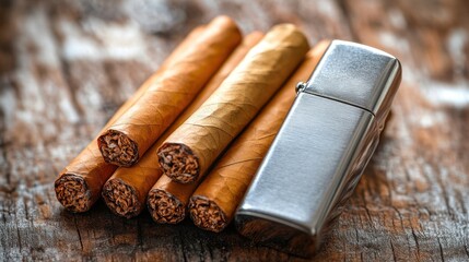 Cigars and lighter on wooden surface.