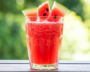 A refreshing glass of watermelon juice with fresh watermelon slices as garnish.