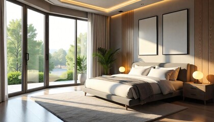 Modern Minimalist Bedroom Interior Design with Large Windows and Wooden Accents