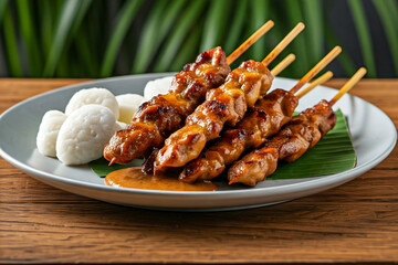 A beautifully plated dish of chicken satay skewers on a gray plate, set against a wooden table with tropical leaves in the background. 