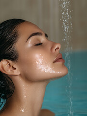Naklejka premium Relaxing woman enjoying water flow in tranquil spa setting