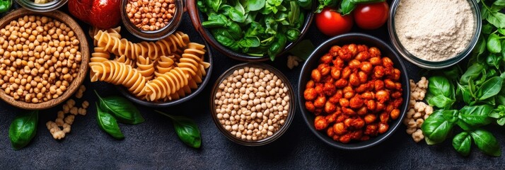 Healthy food ingredients pasta, chickpeas, lentils, spinach.  Dietary meal prep