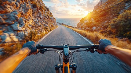 Cycling down the scenic mountain road at sunrise.