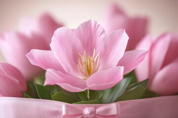 Fototapeta premium A delicate pink flower adorned with a charming bow, symbolizing love and affection, perfect for celebrating the spirit of Valentine's Day.