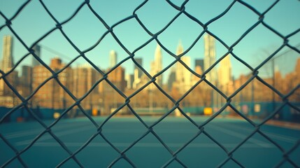 Fototapeta premium Cityscape view through chain link fence.