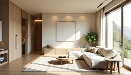 Modern Minimalist Living Room Interior Design with Beige Sofa and Mountain View