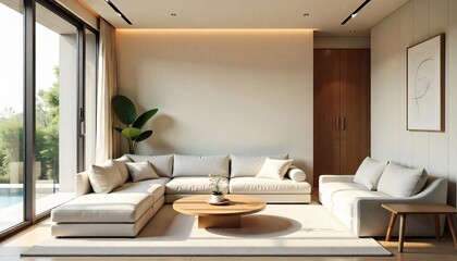 Modern Beige Sectional Sofa in Minimalist Living Room with Large Window and Wooden Accents