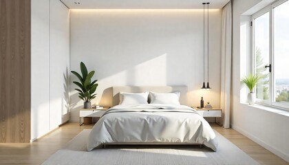 Modern Minimalist Bedroom Interior Design with White Bed Wooden Accents and Sunlight