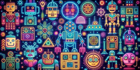 Fototapeta premium Vintage AI Technology: Cybernetic, Machine Learning & Robotic Icons