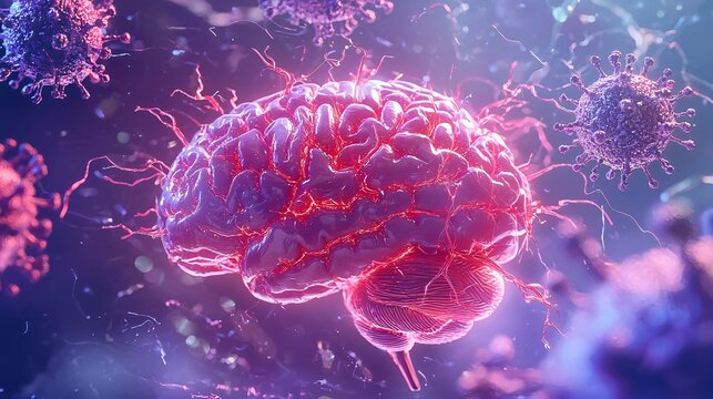 Human Brain Under Viral Attack 3D Medical Illustration of Neuroscience and Infection