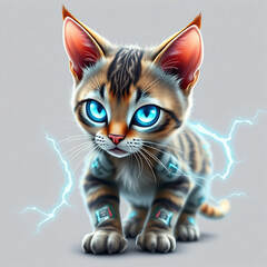 An imaginative depiction of an electric cat with vibrant blue  energy lines through its  body. The cat's eyes glow, capturing the fusion of nature and technology.
