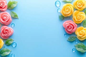 Fototapeta premium A vibrant array of delicate roses blooms against a serene blue backdrop, evoking romantic feelings perfect for Valentine's Day.