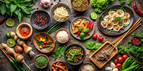 Fototapeta premium Vintage Asian Food Background: Vietnamese & Thai Cuisine Ingredients