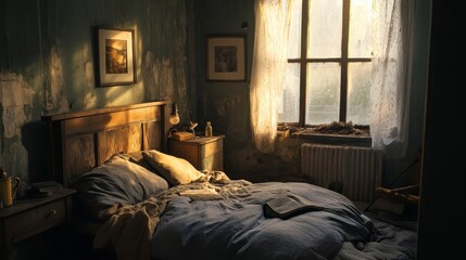Sunlit Bedroom in a Rustic, Aged Building
