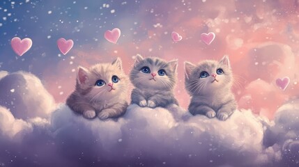 A playful scene featuring three adorable cartoon kittens peeking over a fluffy cloud against a...