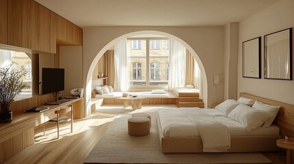 Fototapeta premium Sunlit minimalist bedroom with arched window, wooden floors, and built-in seating.