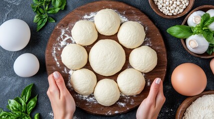 Fototapeta premium Woman preparing bread dough, kitchen ingredients, overhead view, food preparation