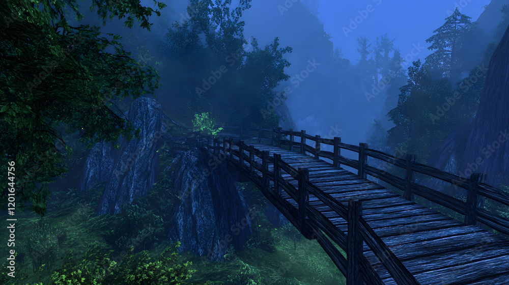 Aufkleber a serene wooden bridge surrounded by lush greenery in a misty forest setting