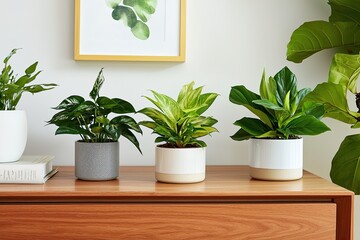 Variegated indoor plants placed on a stylish console table, calm neutral tones