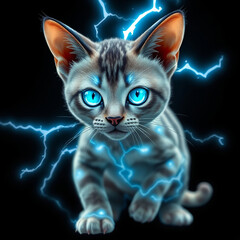 An imaginative depiction of an electric cat with vibrant blue  energy lines through its  body. The cat's eyes glow, capturing the fusion of nature and technology.
