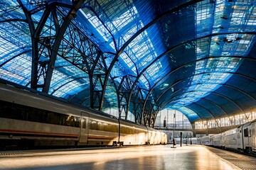 The interior of the France Station in Barcelona at sunrise with trains and sun rays in the morning. Scenic view of a landmark of Barcelona, concept of rail transport and train travel