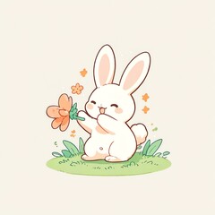 Adorable White Bunny Holding a Flower in a Spring Meadow