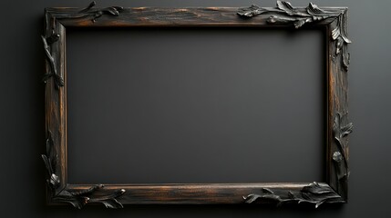 Ornate dark wooden frame with carved details against a dark gray background. Perfect for adding a touch of vintage elegance to your projects.
