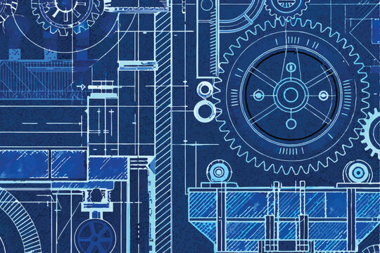A detailed vector blueprint style background of a modern factory machine, emphasizing intricate gears, cogs, and mechanical components.