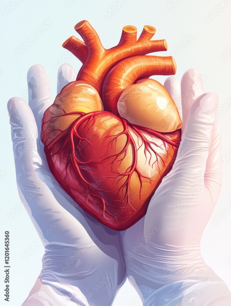 Aufkleber Realistic anatomical heart held gently in gloved hands in a clinical setting during daylight. Generative AI