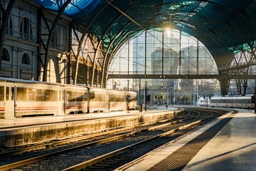 The interior of the France Station in Barcelona at sunrise with trains and sun rays in the morning. Scenic view of a landmark of Barcelona, concept of rail transport and train travel