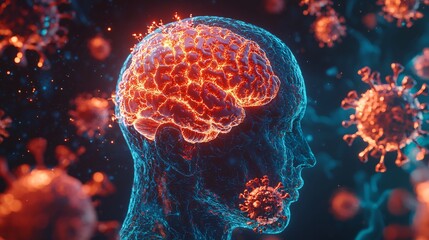 Obraz premium Human Brain Under Viral Attack 3D Medical Illustration of Neurological Infection