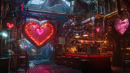 Whimsical Industrial Workshop with Heart-Shaped Neon Lights