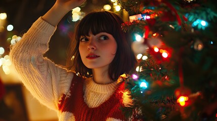 Fototapeta premium Warm holiday ambiance with woman by Christmas tree