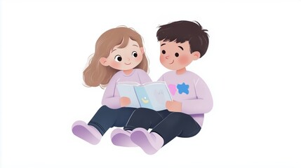 Children reading together: cute illustration of two kids enjoying a storybook