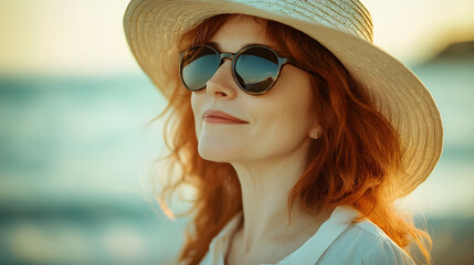 Fototapeta premium Close-Up Portrait Woman in Elegance Hat on Stunning Ocean Sunset, Capturing Tranquility and Style. Travel, Lifestyle, and Nature Campaigns, Golden Hour