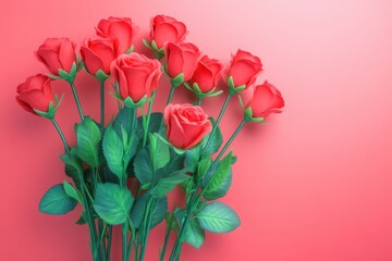Obraz premium A vibrant display of red roses radiates love and passion, resting elegantly on a matching red surface, perfect for Valentineâs Day celebrations.