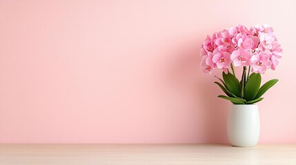 Obraz premium Pink orchids in vase against pink wall, perfect for greeting cards or websites