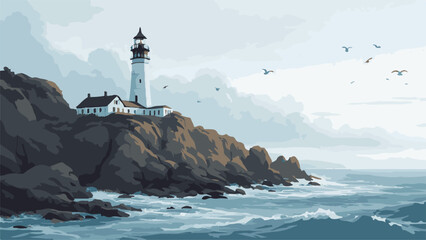 Lighthouse Overlooking the Ocean Vector Illustration © StockStudio