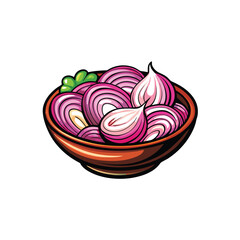 Vector illustration of chopped and whole onions in a bowl.