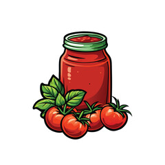 A detailed vector illustration of a mason jar filled with vibrant, homemade tomato sauce, with visible herbs and spices. The jar should have a classic design with a metal lid.