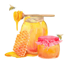 yellow honey jars with a beautiful lid and a festive ribbon. On top is a wooden spoon with a drop, bees are flying around, wax honeycombs are standing nearby. Hand-drawn with watercolors for product l