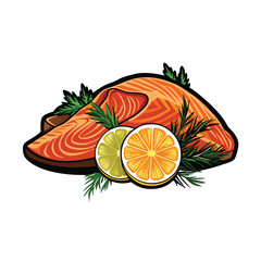 Create a vibrant vector illustration of two fresh salmon fillets, skin side down, with juicy flesh and a lemon wedge on top of each. The image should have a clean, modern aesthetic.